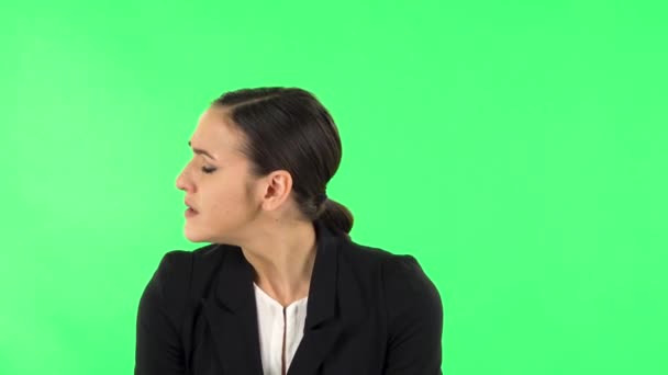 Cute female feels very bad, her stomach hurts. Green screen — Stock Video