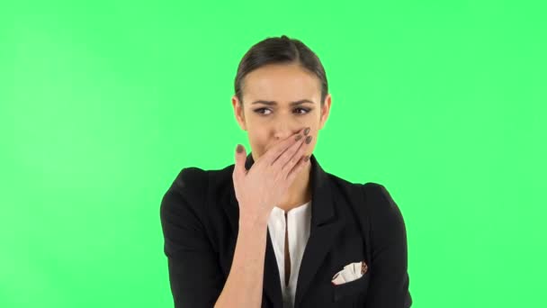 Cute female feels bad, her stomach hurts, feeling nausea. Green screen — Stock Video