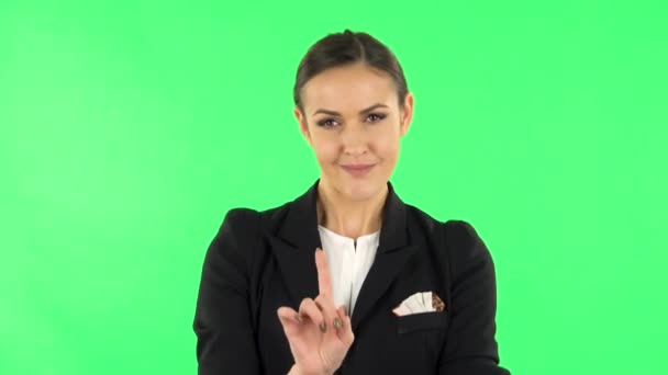 Girl shows finger no no no. Green screen — Stock Video