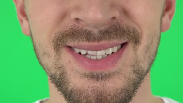 Young man with a beard smiles broadly. Close up — Αρχείο Βίντεο