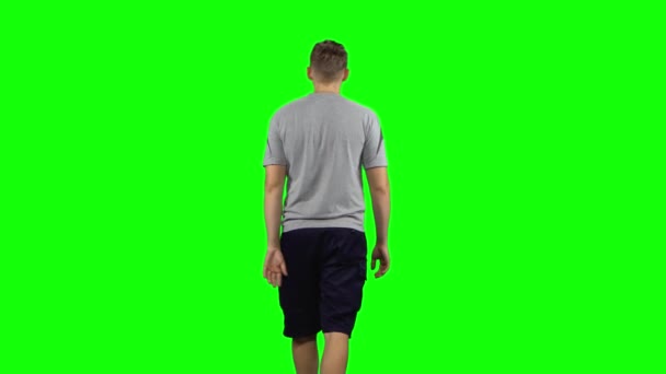 Back view of man walking and greeting on a Green Screen, Chroma Key — Stock Video