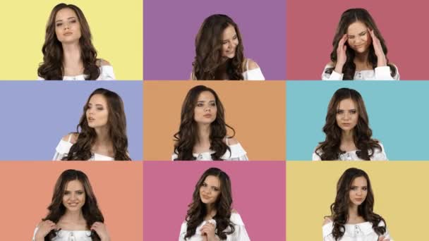 Uma colagem de meninas bonitas em imagens diferentes que retratam emoções diferentes . — Vídeo de Stock