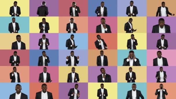 Un collage di bellissimo ragazzo afroamericano in diverse immagini che ritraggono emozioni diverse . — Video Stock