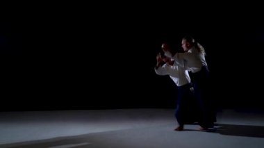 Dnipro, Ukraine - 05 28 2019 EDITORIAL: Master Aikido Makoto Ito participants of the training in special clothes of aikido hakama work out the methods of single combat.