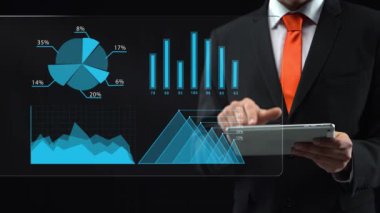 Businessman uses holographic interface, drawing an ascending financial chart. Touchscreen.