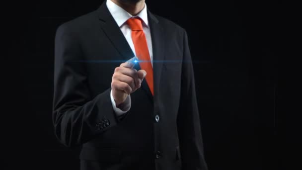 Man working at technological medical digital holographic monitor, a human hologram. — Stockvideo
