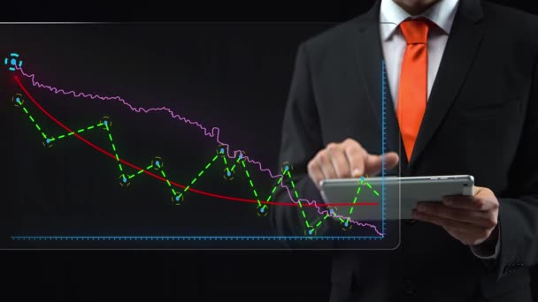 Businessman uses holographic interface, drawing an Business Results Chart. Touchscreen. — Stock Video