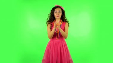 Girl claps her hands with wow happy joy and delight. Green screen