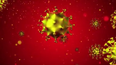 Coronavirus animasyon 3D görüntü. Kırmızı arkaplandaki altın küreleri rastgele hareket ettiren dokular. Alfa kanalı