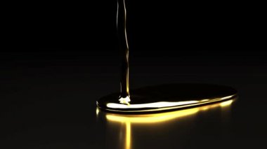 Düz ayna yüzeyine siyah arka planda altın renginin gerçekçi bir animasyonu. Üç boyutlu animasyon. Kapat.