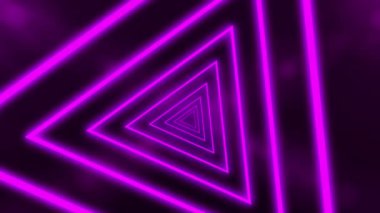 Neon ışıklı üçgenli soyut arkaplan, döngülü animasyon oluşturan tünel. Mor çizgiler. CG canlandırma 3d oluşturma