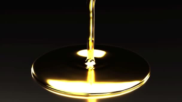 Realistic animation of gold paint pouring onto flat mirror surface at black background. 3D Animation. — Stock Video