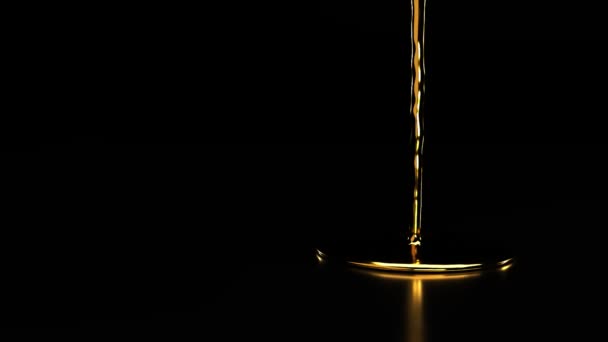 Realistic animation of gold paint pouring onto flat mirror surface at black background. 3D Animation. Close up — Stock Video