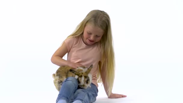 Маленькая девочка с длинными светлыми волосами гладит пушистого трехцветного кролика на белом фоне. Медленное движение — стоковое видео