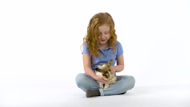 Chica pelirroja con el pelo rizado está acariciando esponjoso conejo de tres colores en el fondo blanco. Movimiento lento . — Vídeos de Stock