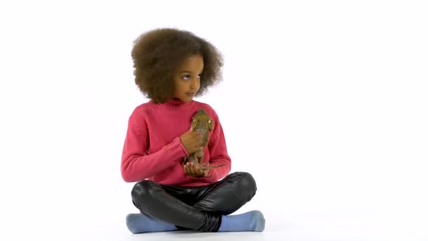 Pequena menina encaracolada africana está segurando e acariciando agama barbudo no fundo branco. Movimento lento — Vídeo de Stock