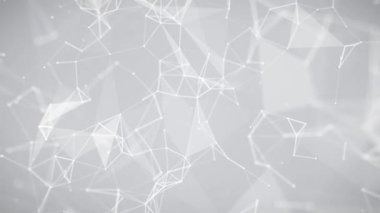 Odaklanmamış ışık arkaplanı üzerinde birleşen soyut hareketli ağ, noktalar ve çizgiler. Yavaş çekim ve alan derinliği