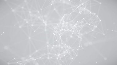 Odaklanmamış ışık arkaplanı üzerinde birleşen soyut hareketli ağ, noktalar ve çizgiler. Yavaş çekim ve alan derinliği