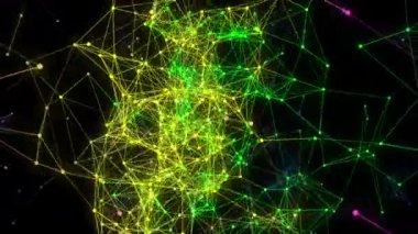 Soyut çok renkli pleksus yapısı siyah arkaplanda hareket halinde. Üç boyutlu. Ağır çekim. Geometrik arkaplan.