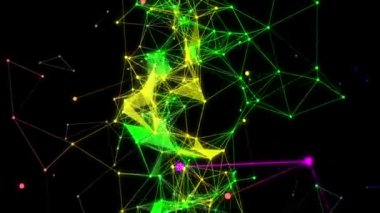 Soyut çok renkli pleksus yapısı siyah arkaplanda hareket halinde. Üç boyutlu. Ağır çekim. Geometrik arkaplan.