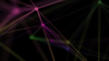 Siyah arkaplana bağlanan soyut, çok renkli, noktalı ve çizgilerden arındırılmış hareketli ağ. Ağır çekim. Kapat..