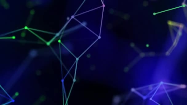 Defocused abstract multicolored moving network, dots and lines connecting with blue light. Slow motion. Close up. — Stock Video