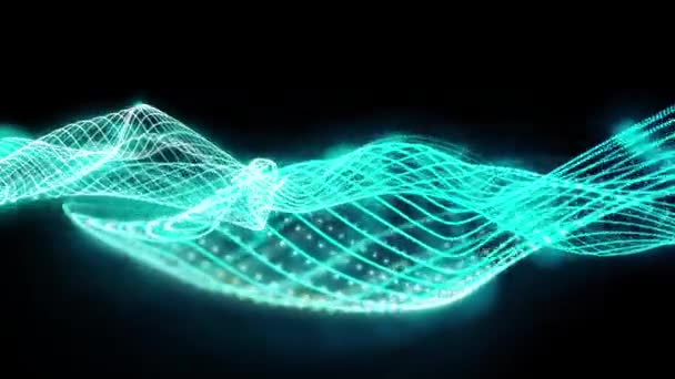 Абстрактные синие волны движения размахивают точками текстуры с светящимися разряженными частицами на черном фоне. — стоковое видео