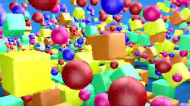Gökkuşağı renginde küpler ve toplar mavi arka planda zıplar. Dikdörtgen nesnelerin 3 boyutlu animasyonu. Kapat.