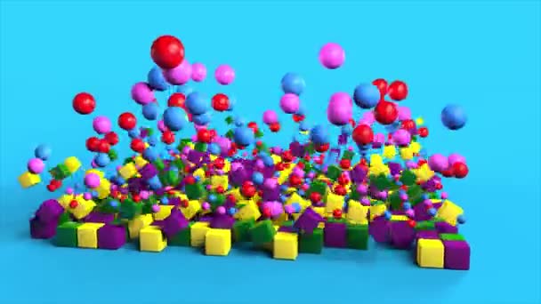 Cubos e bolas com todas as cores arco-íris saltar sobre fundo azul. Animação 3D de objetos retangulares — Vídeo de Stock