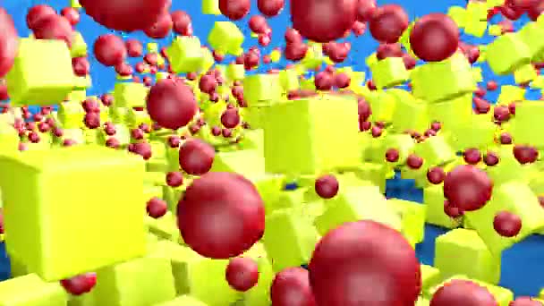 Cubos y bolas amarillos y rojos saltando sobre fondo azul. Animación 3D de objetos rectangulares. De cerca. — Vídeo de stock