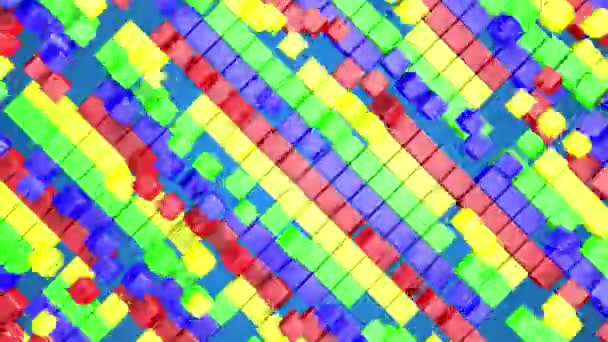 Heller farbiger Hintergrund. Bunte Würfel springen vor blauem Hintergrund. 3D-Animation — Stockvideo