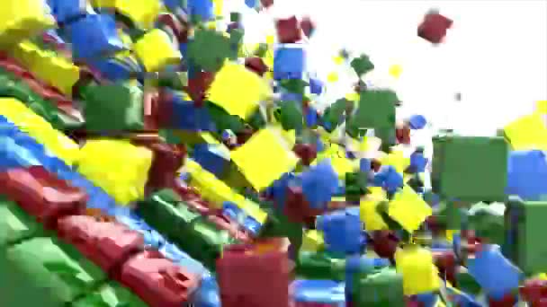 Cubos todos los colores arco iris salto rápido sobre fondo blanco. Animación 3D de objetos rectangulares — Vídeo de stock