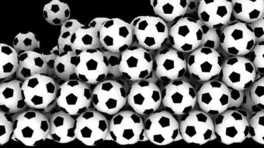 Siyah zemin üzerine düşen futbol toplarının 3 boyutlu animasyon geçişi ve ekranı doldurması. Alfa kanalı.