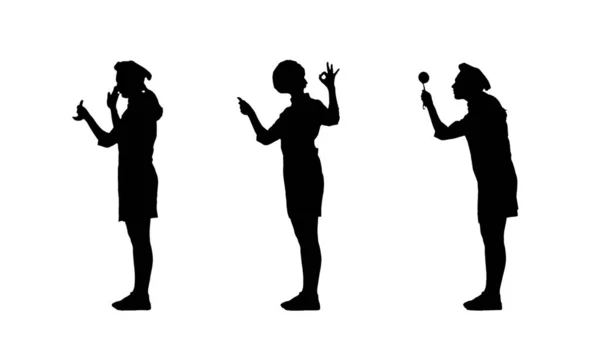 Drei schwarze Silhouetten von Köchin Frau in Uniform versuchen Gericht. — Stockfoto
