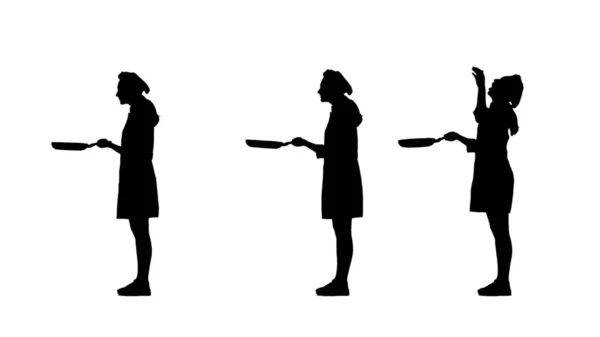 Drei schwarze Silhouetten einer Köchin in Uniform, die Pfannkuchen brät. — Stockfoto