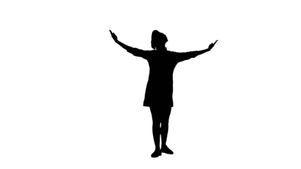 Black silhouette of cook girl raising hands and head up. — Stock Photo, Image