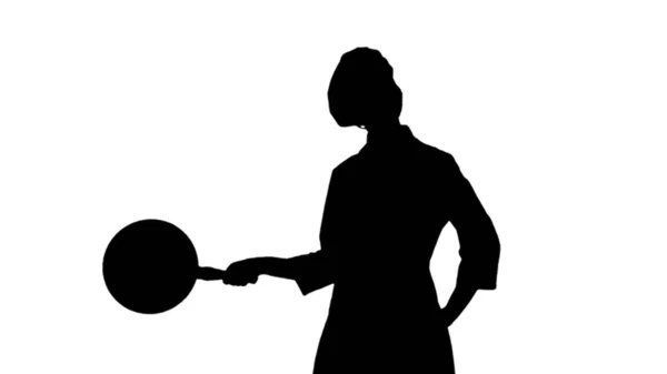 Silhouette nera di chef donna è in posa con uno stewpot . — Foto Stock