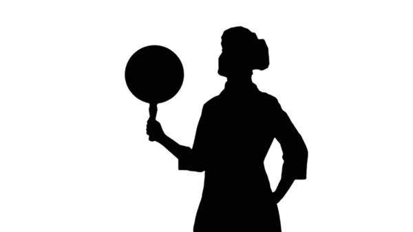 Silhouette noire de chef femme pose avec un pot . — Photo