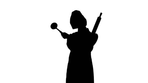 Black silhouette of chef crossing arms holding rolling pin and ladle. Portrait