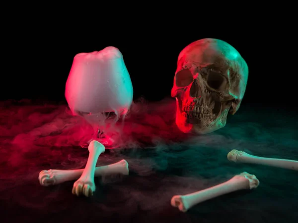 Human skull near glass with thick smoke and bones for Day of the Dead on dark background with red light.