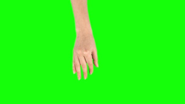 Женская рука выполняет спрэд на экране планшета жест на зеленом экране. Закрыть — стоковое видео