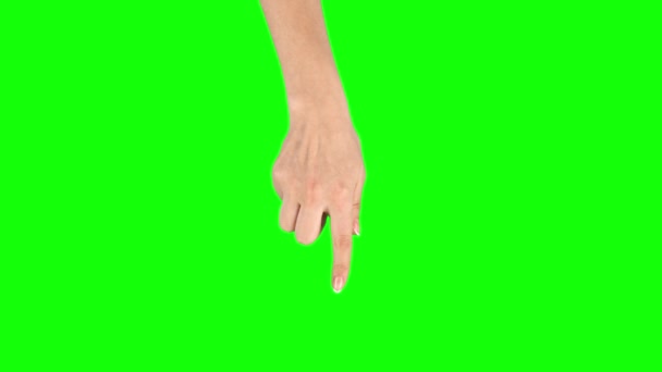 La mano femenina está realizando Swipe Up en el gesto de la pantalla de la tableta en la pantalla verde. De cerca. — Vídeos de Stock