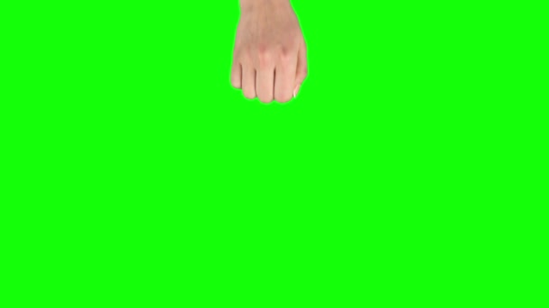 La mano femenina está realizando 3x doble deslizamiento hacia arriba en el gesto de la pantalla de la tableta en la pantalla verde . — Vídeos de Stock