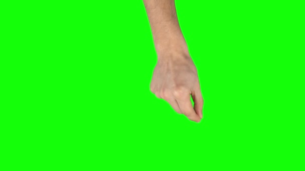 사람의 손 이 녹색 화면에 태블릿 화면 제스처로 퍼져 나가고 있습니다. 닫아 — 비디오