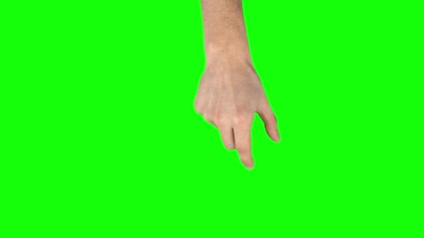 人的手在绿色屏幕上的平板屏幕上进行伸展和单击掌动作.靠近点 — 图库视频影像