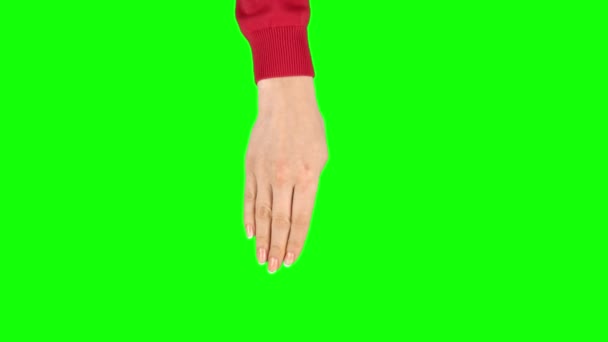 Mano femminile in maglione rosso sta eseguendo 4x strisciare a sinistra ea destra, doppio al gesto schermo tablet sullo schermo verde — Video Stock