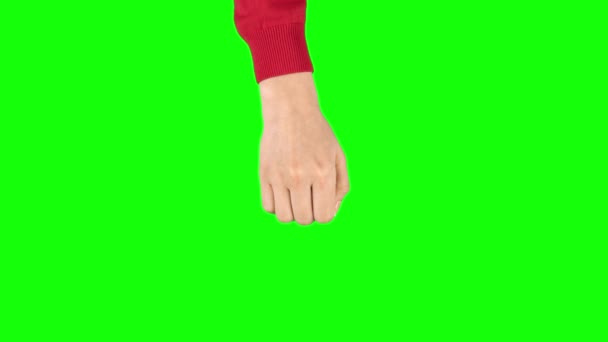 La mano femenina en suéter rojo está realizando 3x Swipe Up, Doble 3x Swipe Up en el gesto de la pantalla de la tableta. Clave de croma . — Vídeos de Stock