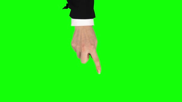 Жіноча рука в чорній куртці виконує прокладку вліво і вправо, подвійний жест на планшетному екрані на зеленому екрані. крупним планом — стокове відео