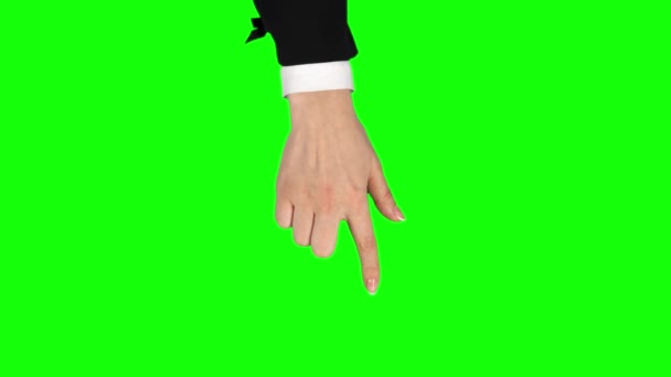 Woman hand in black jacket and white shirt is performing Press and drag at tablet screen gesture. Chroma Key. Close up — Stock Video