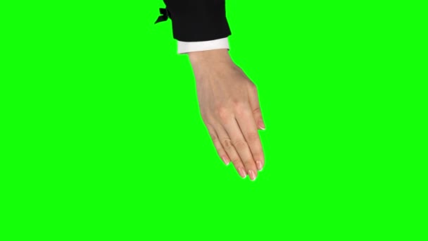 Mano femenina en chaqueta negra está realizando 4x deslizar izquierda, derecha, doble en el gesto de la pantalla de la tableta. Chromakey. — Vídeo de stock